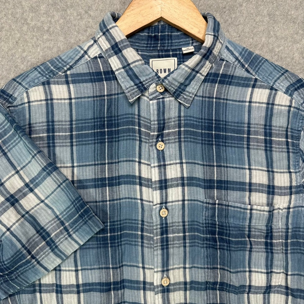 ROWM Mens Blue White Plaid Short Sleeve 100% Gauze Cotton Button Down Shirt Sz M